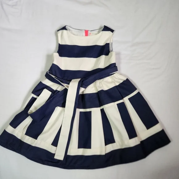 3/$15 J. Crew Crewcuts dress navy blue cream block stripes fit flare tie belt 2T - Picture 2 of 10